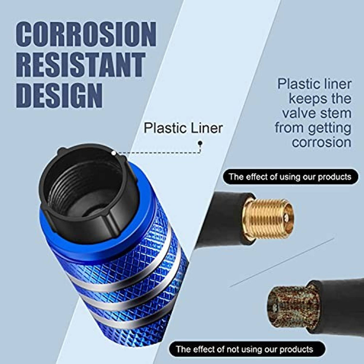 Blue tire valve stem cap cover with black liner and visible threaded valve stem
