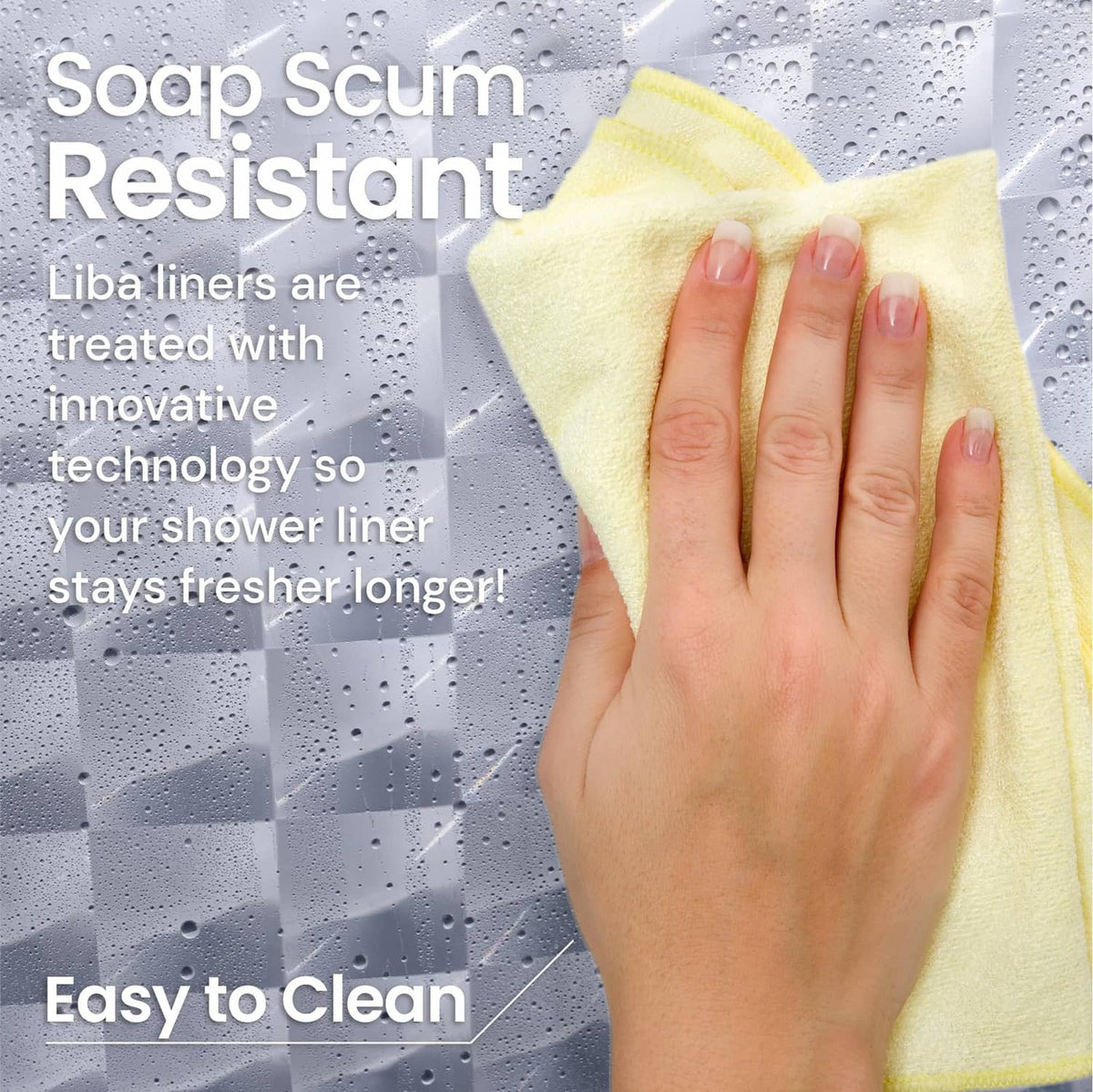 White PEVA shower liner with soap scum resistant texture and water droplets
