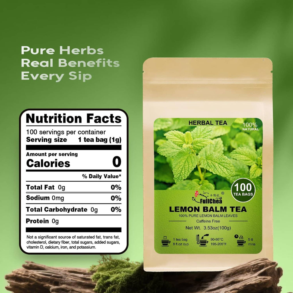 Lemon balm herbal tea pouch with nutrition facts panel and green leaves