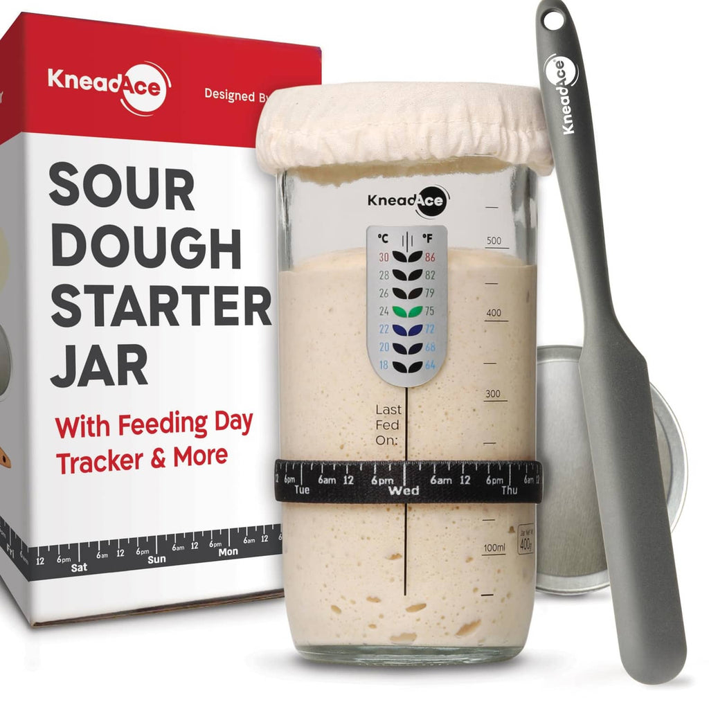 Sourdough starter jar with cloth cover and feeding day level tracker band