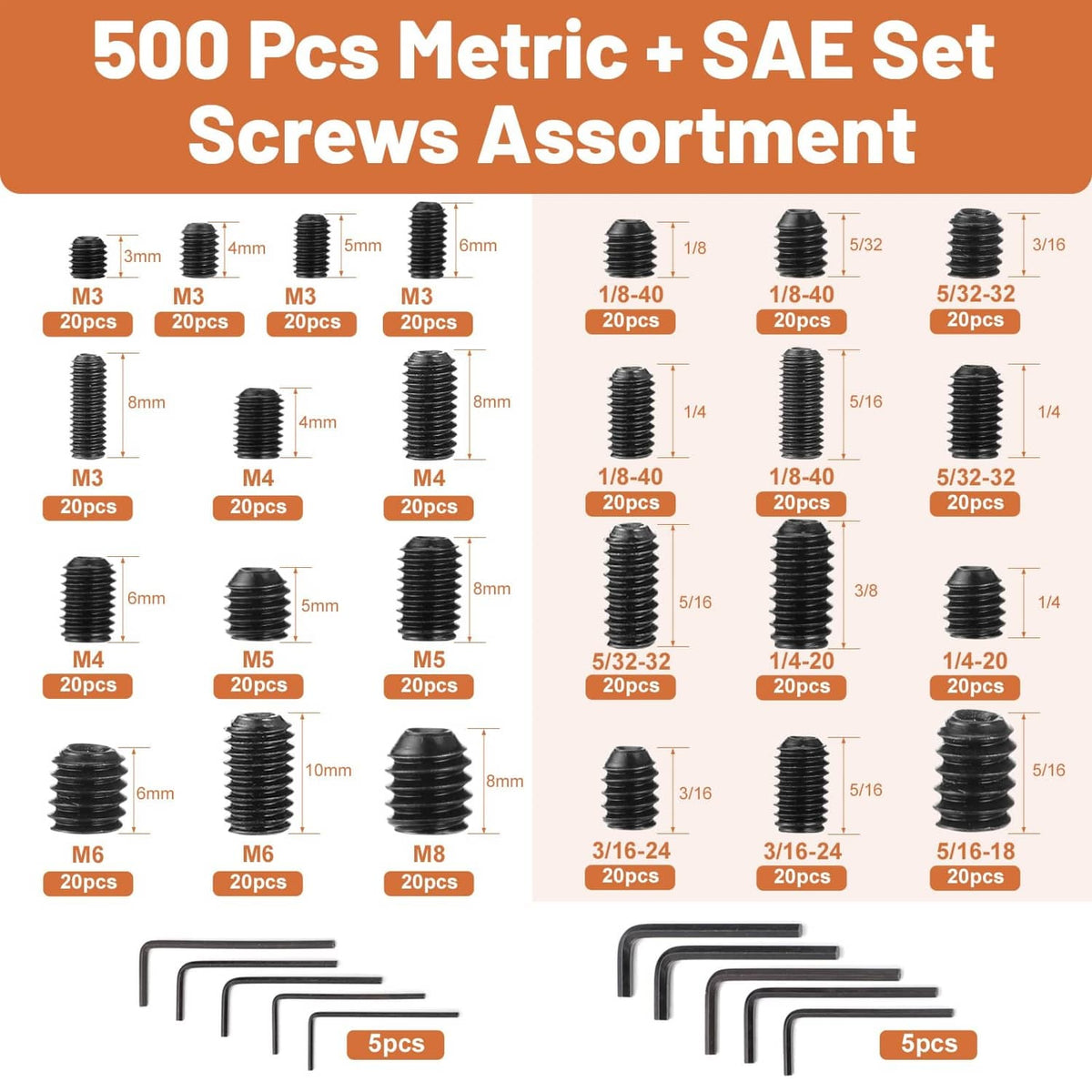 Black metric and SAE set screws with labeling chart, plus hex wrenches included