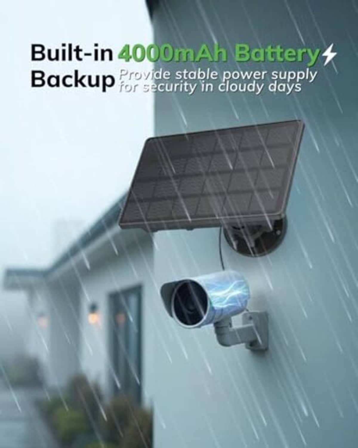 Solar panel battery with built-in backup, dark panel on camera mount in rain