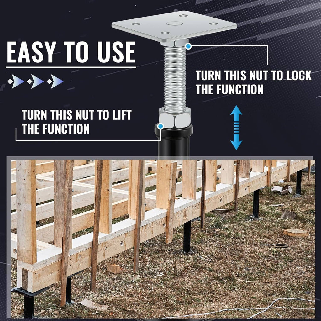 Adjustable floor jack post showing threaded rod and black base plate with lifting nut