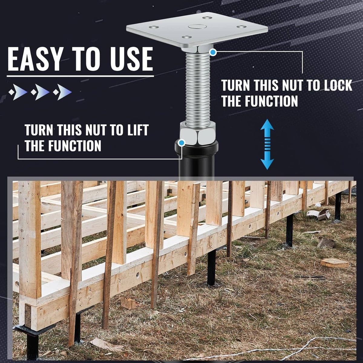 Adjustable floor jack post showing threaded rod and black base plate with lifting nut