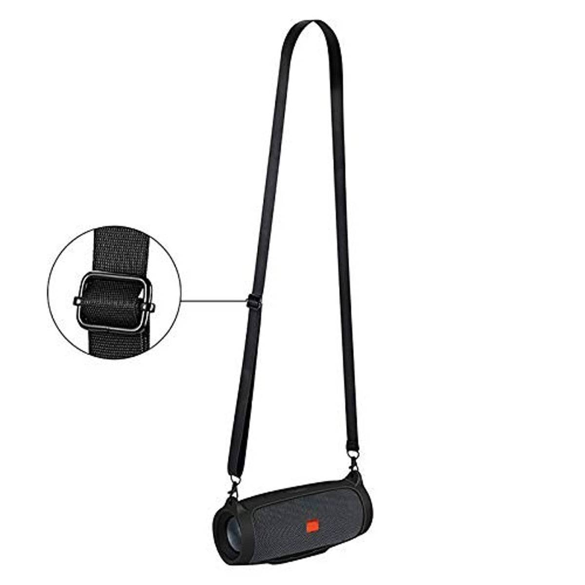 Black crossbody strap with carabiner hooks and black silicone speaker sleeve