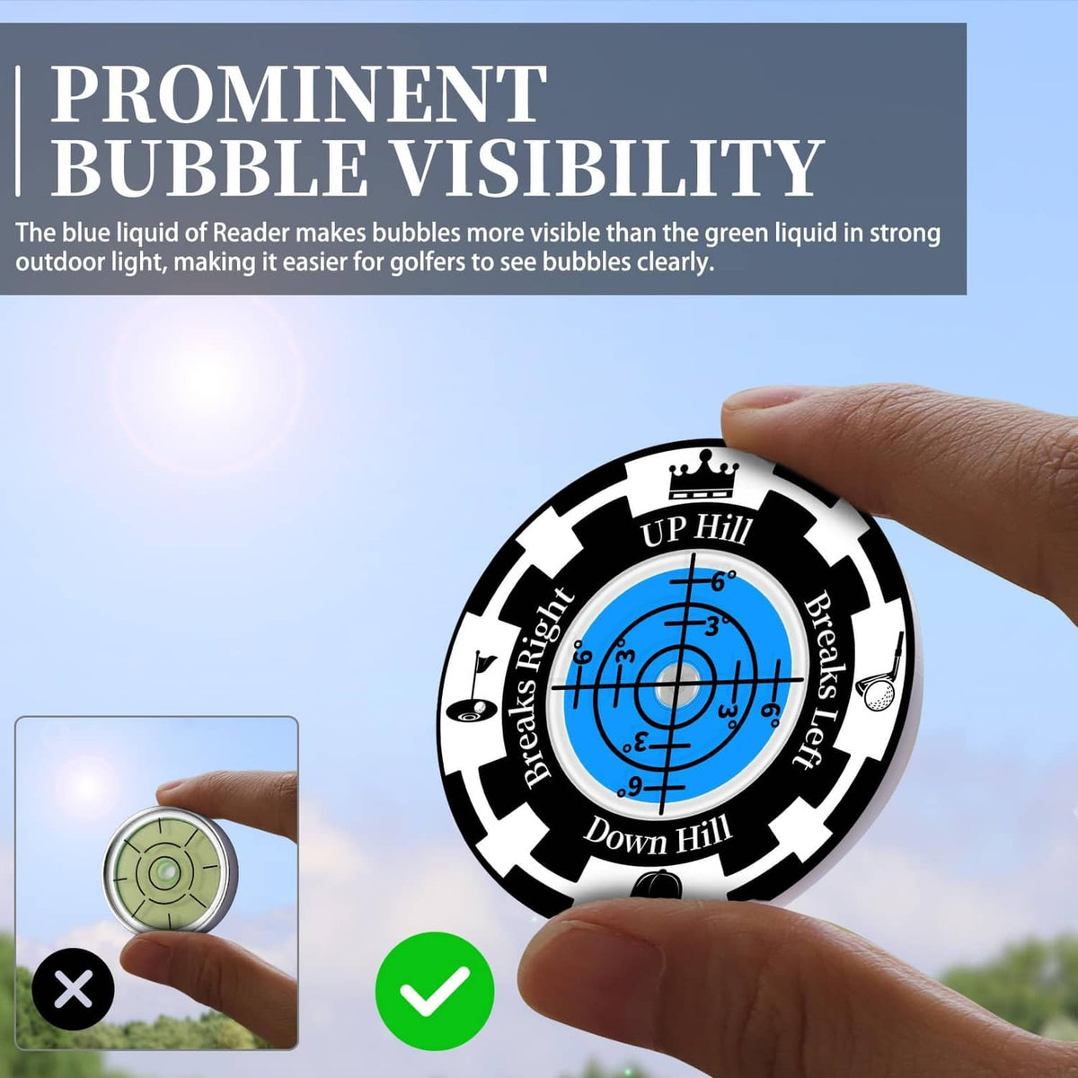 Golf bubble ball marker reader with blue level dial, black and white design