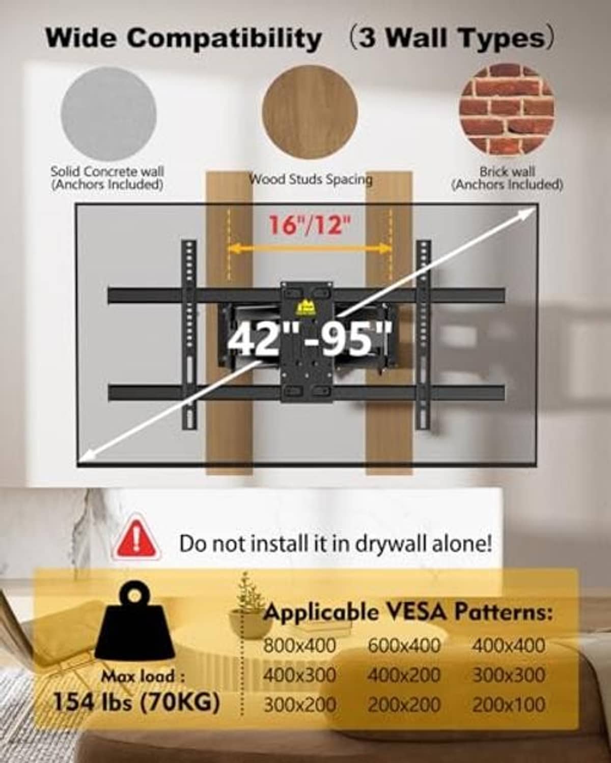 TV wall mount with power outlets, compatibility diagram showing supported TV size range
