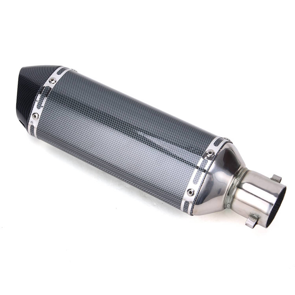 Motorcycle exhaust muffler with carbon-fiber sleeve, clamp bands, and stainless outlet pipe