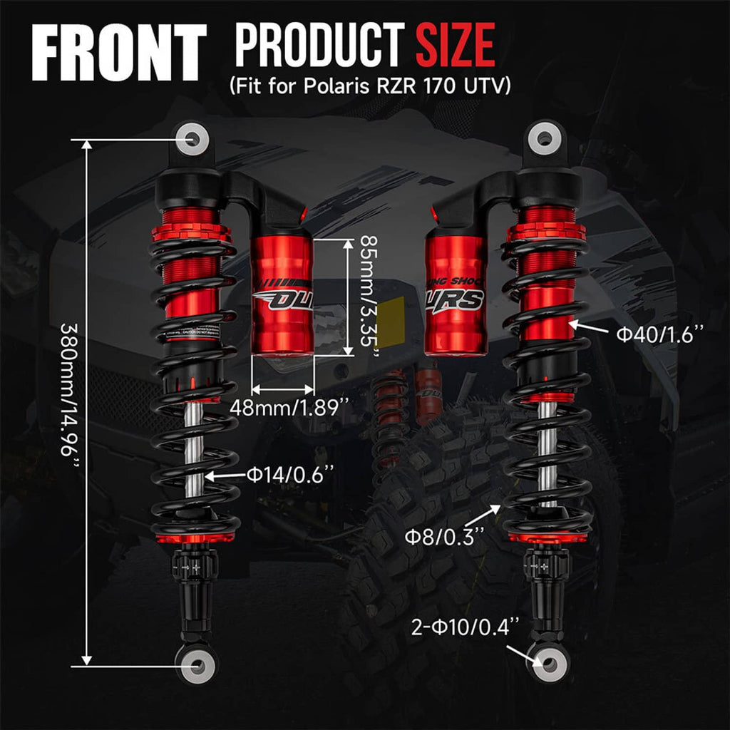 Front air shock absorbers with red cylinders and black coil springs, adjustable design