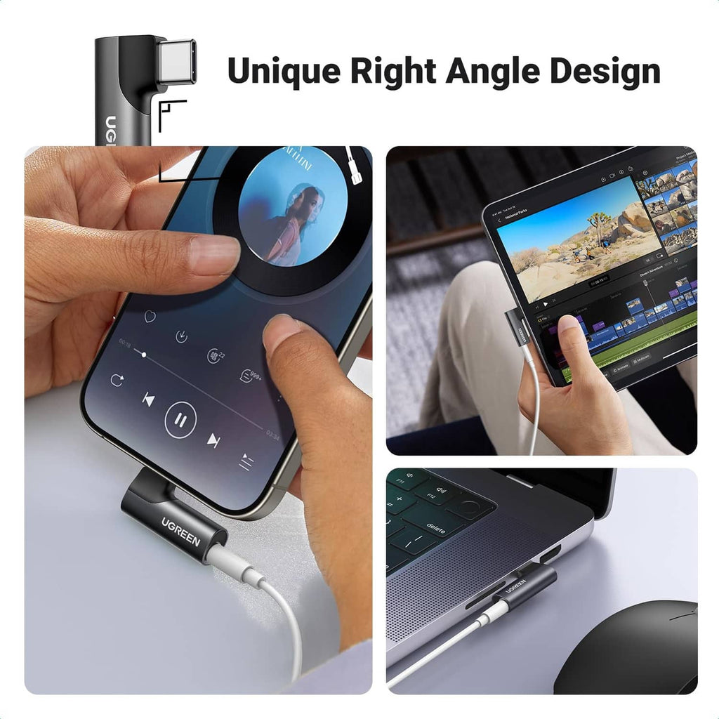 Unique right-angle USB-C to 3.5mm audio adapter with attached white headphone cable
