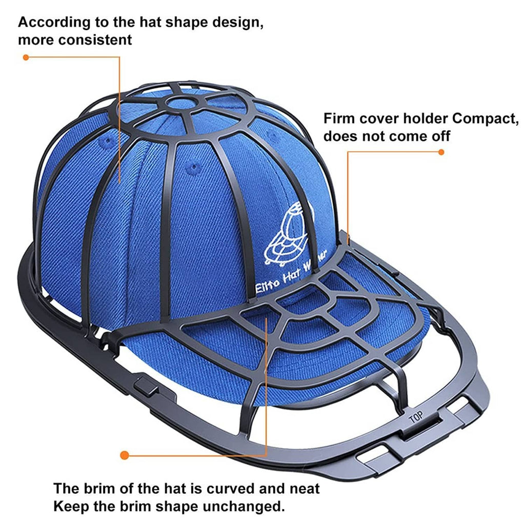 Blue cap with black hat-washing holder, curved brim and firm cover grid