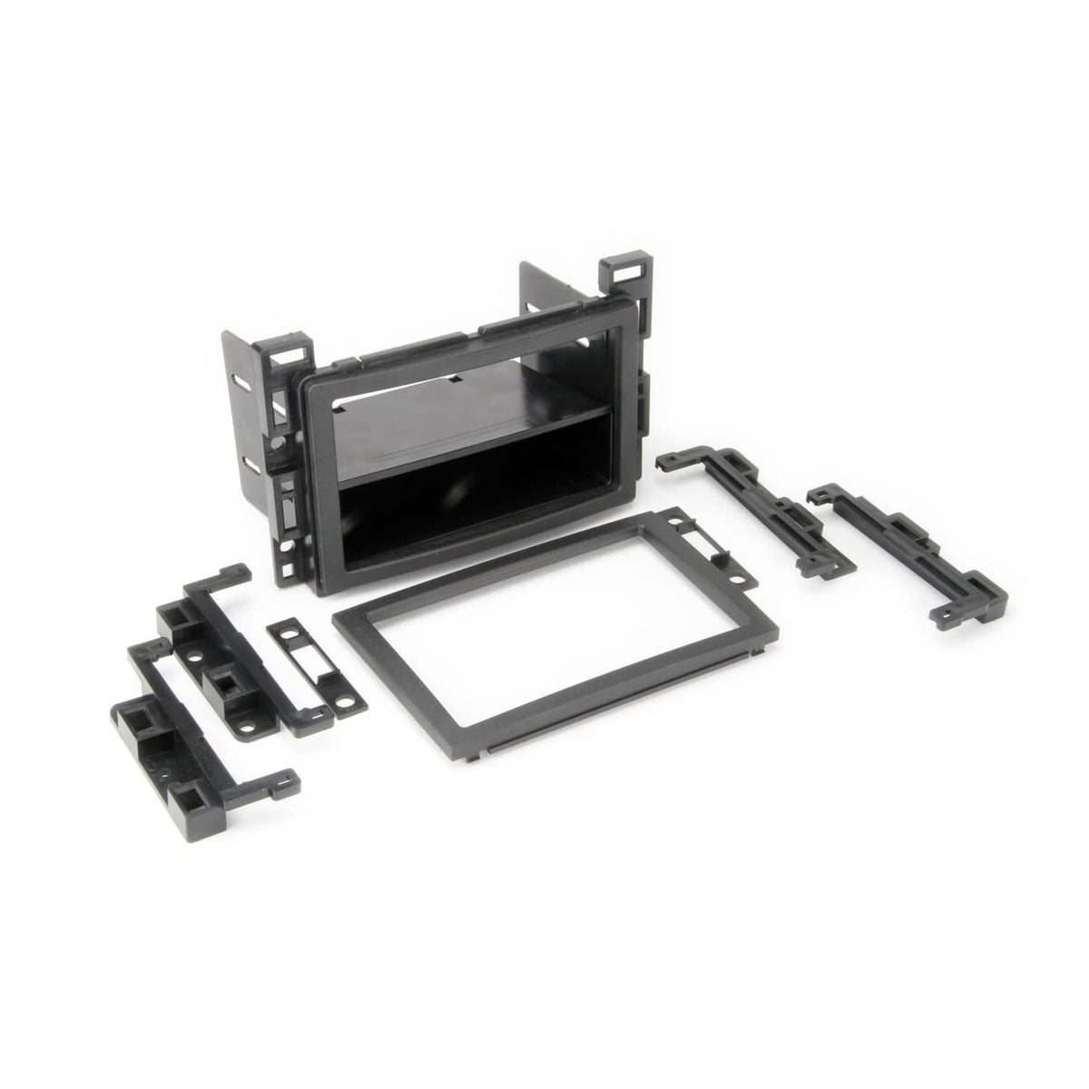 Black dash kit mounting brackets, bezel frame, and installation hardware pieces