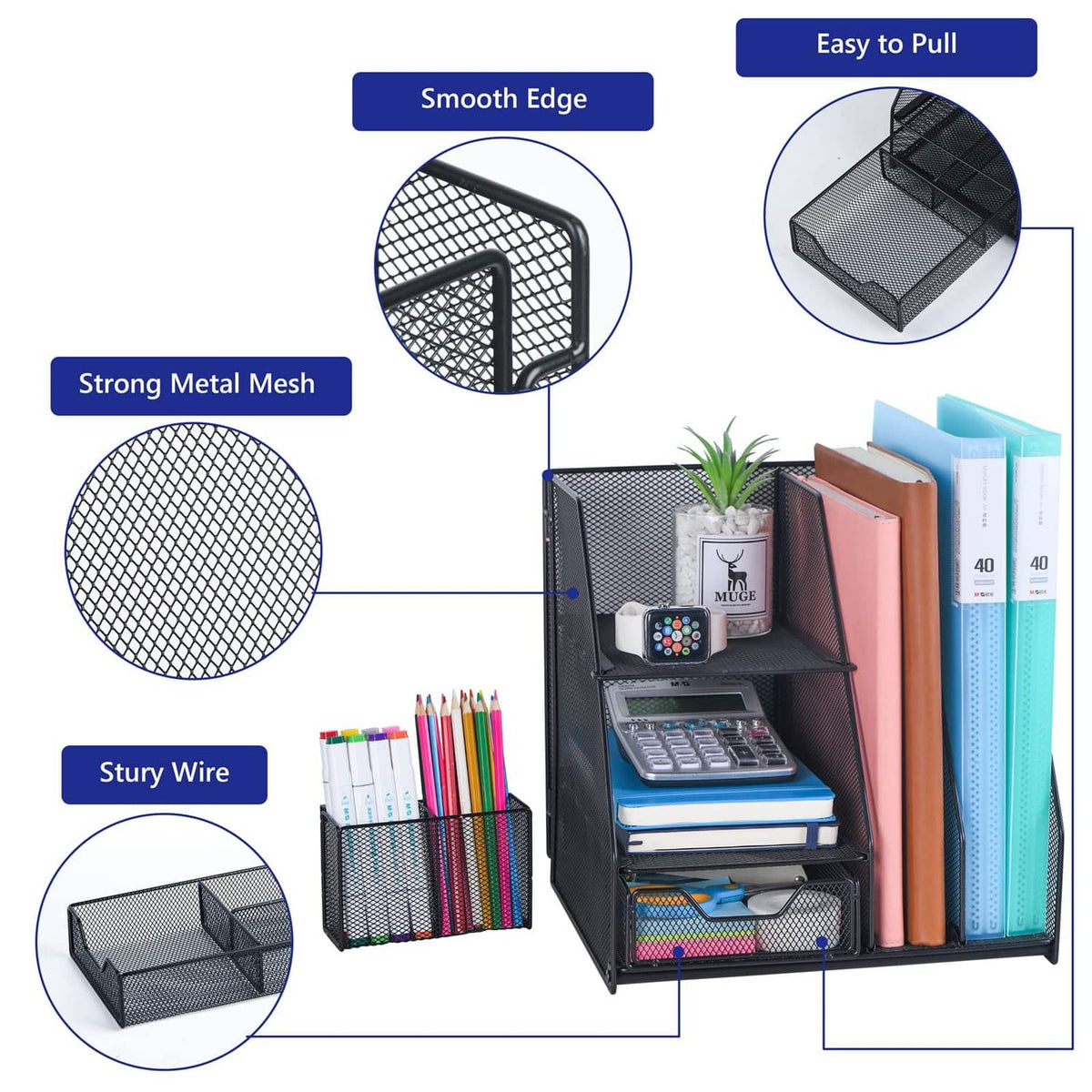 Foldable black metal mesh desk organizer with smooth edges and side partitions