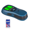 Blue electronic wall scanner with green LCD screen showing stud-detection view