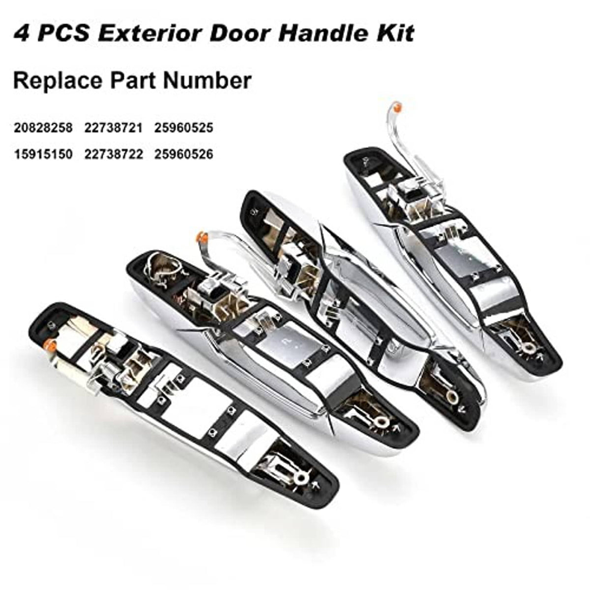 4-piece chrome exterior door handle kit, four complete handles with black mounting bases