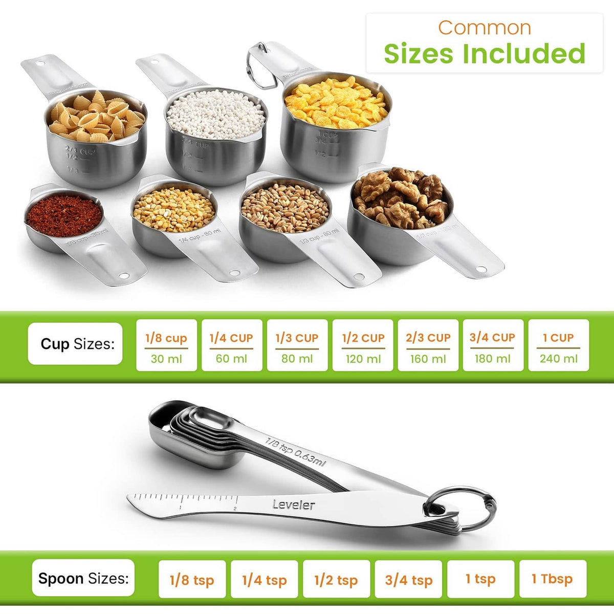 Stacked stainless steel measuring cups and spoons with labeled cup and spoon sizes