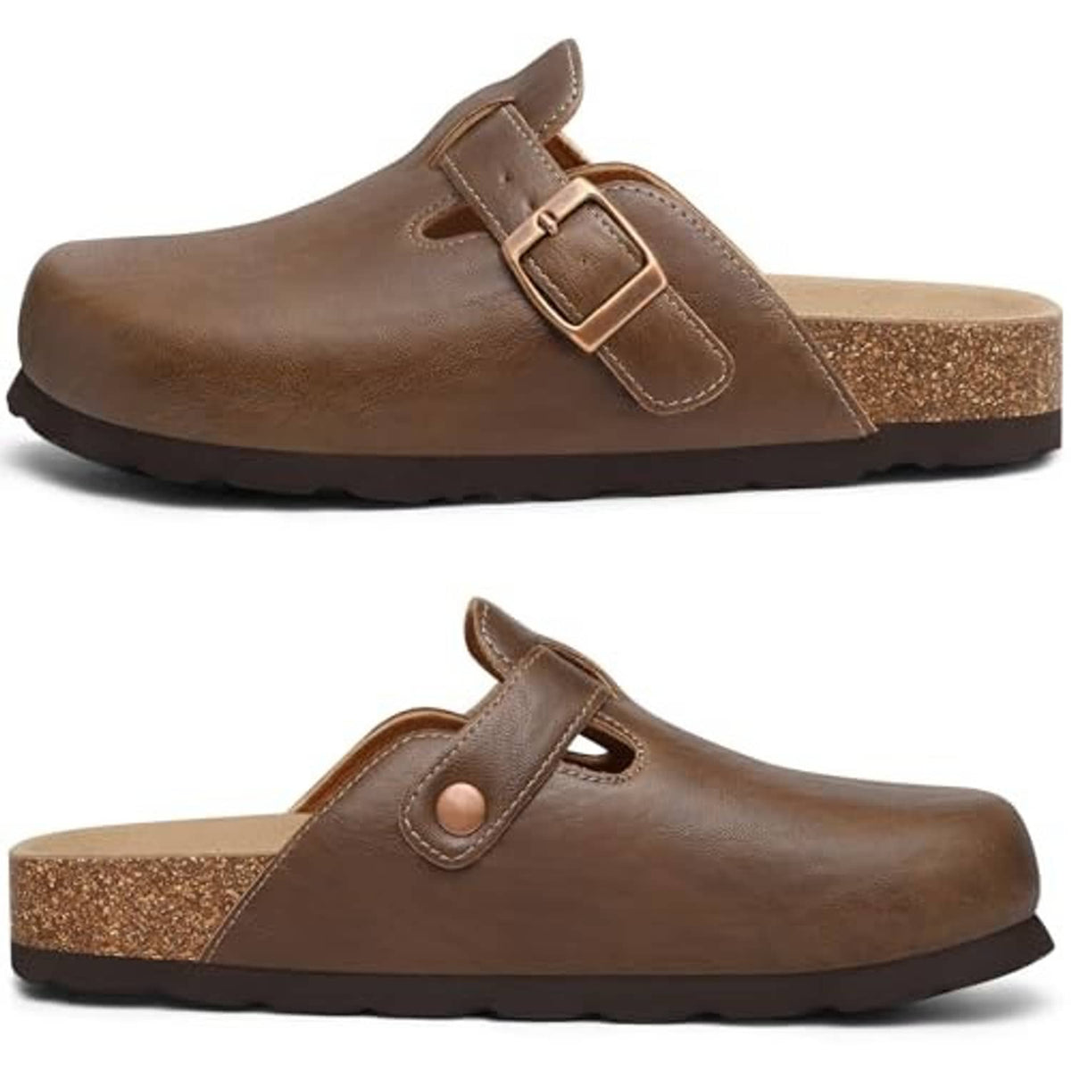 Mocha vegan leather slip-on clogs with double-strap buckle and cork-wrapped sole