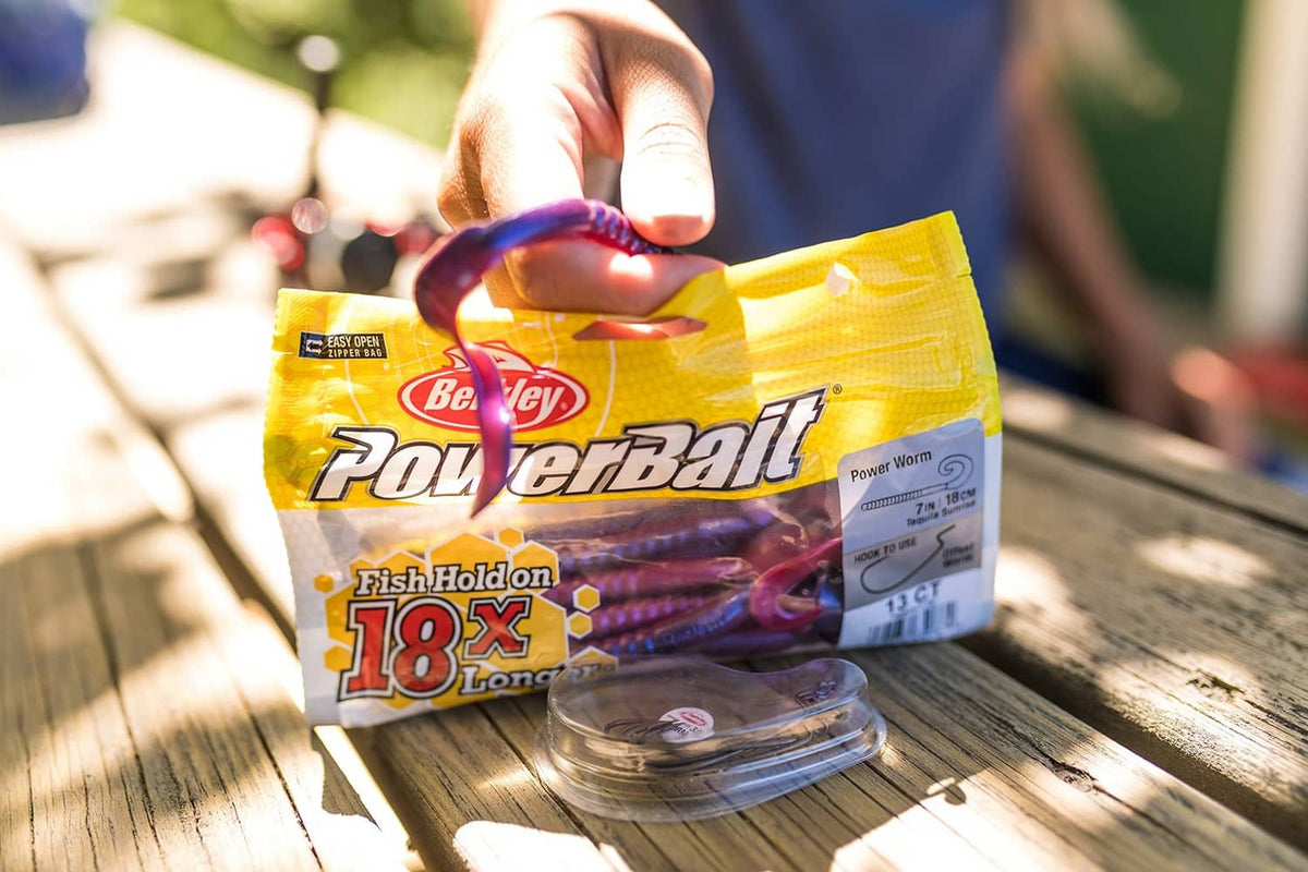 Berkley Powerbait Power Worm 7-inch soft plastic bait package, yellow bag with clear window