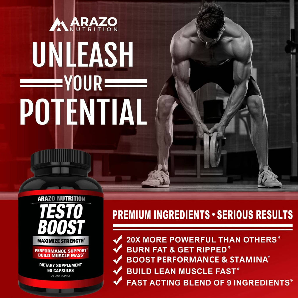 Arazo Nutrition Testo Boost dietary supplement bottle with red-and-black front label