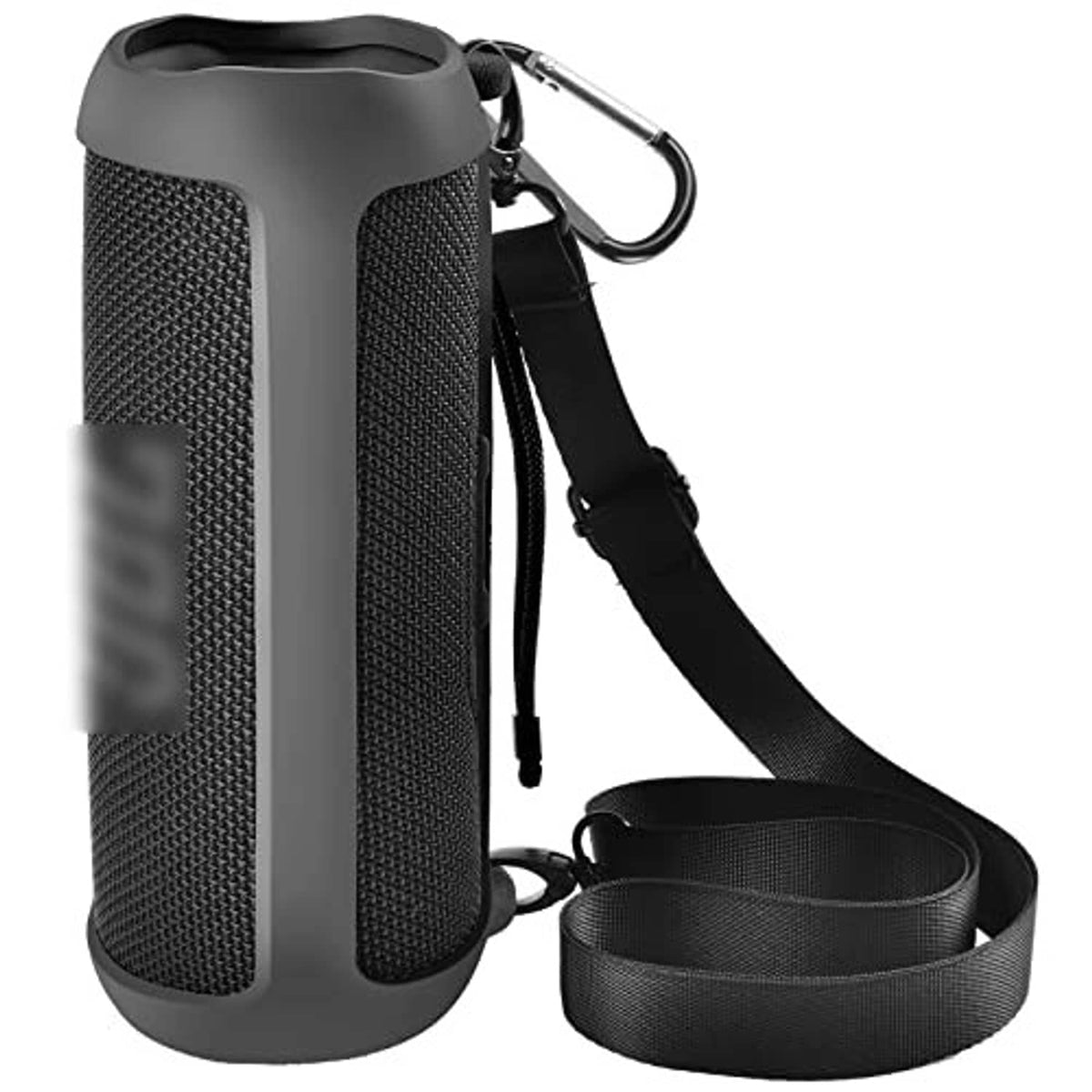 Silicone portable speaker case with carabiner clip and hanging strap, dark gray.