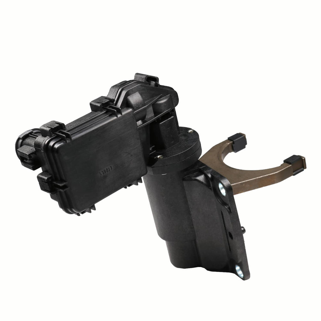 Black axle actuator fork disconnect with curved mounting plate and metal fork arm