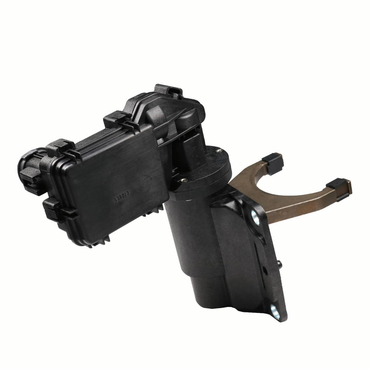 Black axle actuator fork disconnect with curved mounting plate and metal fork arm