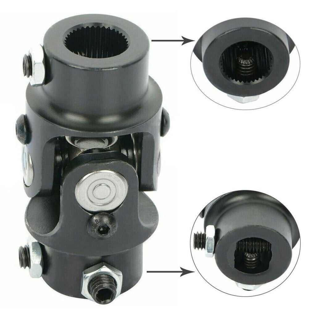 Black universal steering single U-joint shaft with splined cap and mounting yoke