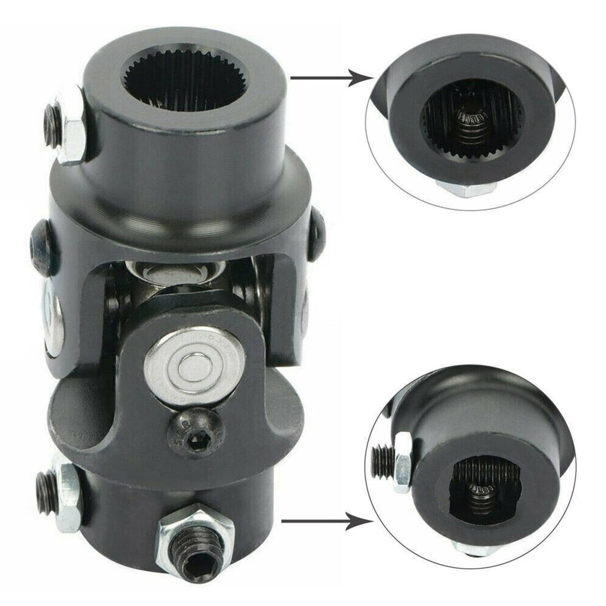Black universal steering single U-joint shaft with splined cap and mounting yoke