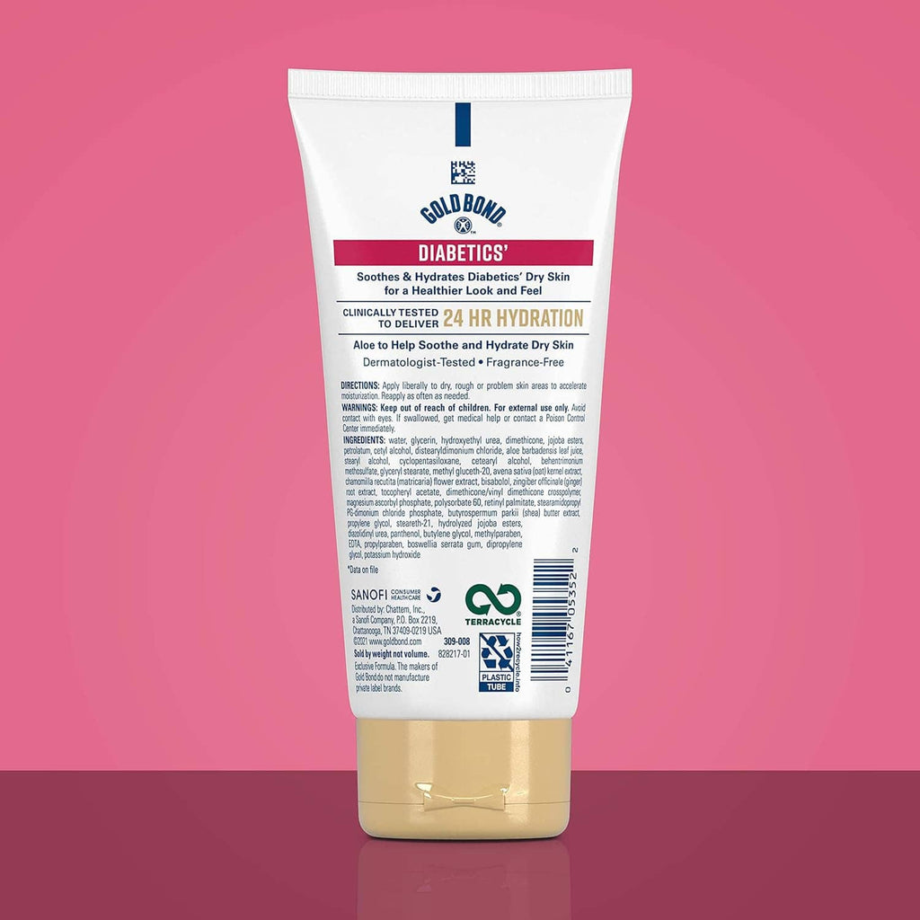 Back label of diabetics dry skin relief body lotion tube with aloe