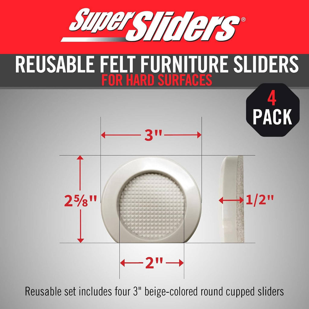 Round cupped felt sliders with size markers: 3-inch pads in a 4-pack
