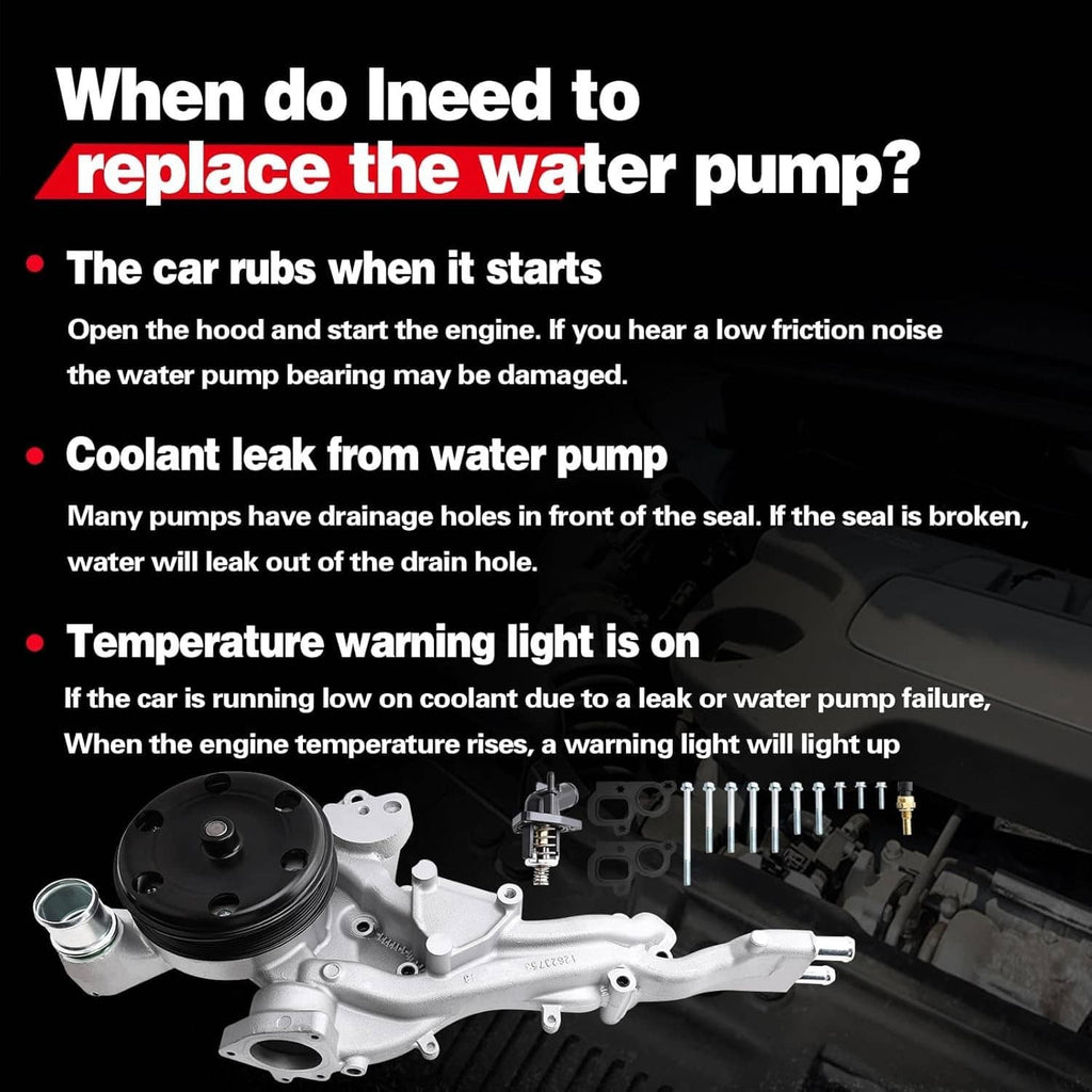 Water pump assembly with black pulley and thermostat, shown near an engine bay
