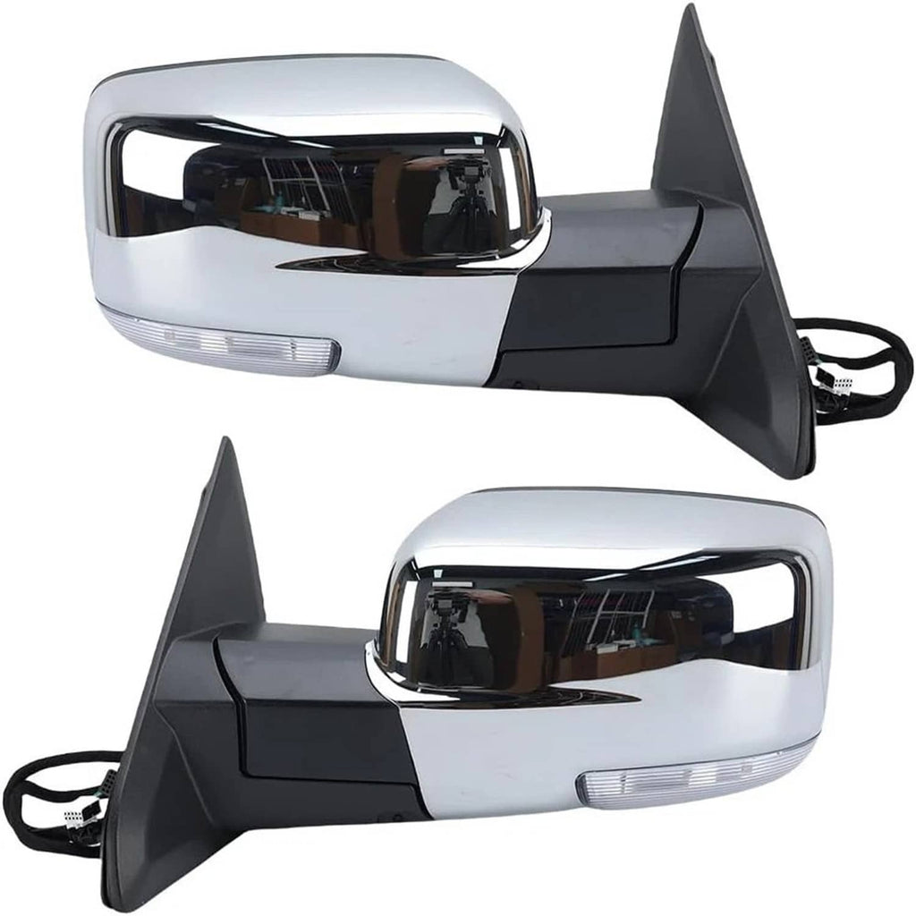 Chrome side mirror pair with black base, clear indicator strips, and power connector plugs
