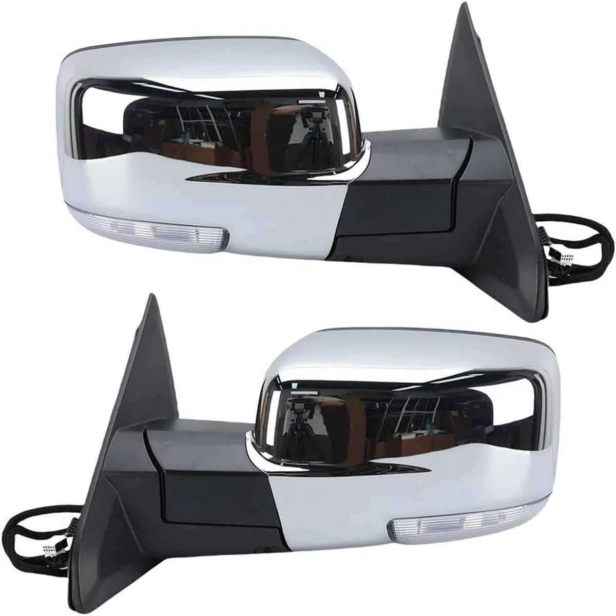 Chrome side mirror pair with black base, clear indicator strips, and power connector plugs