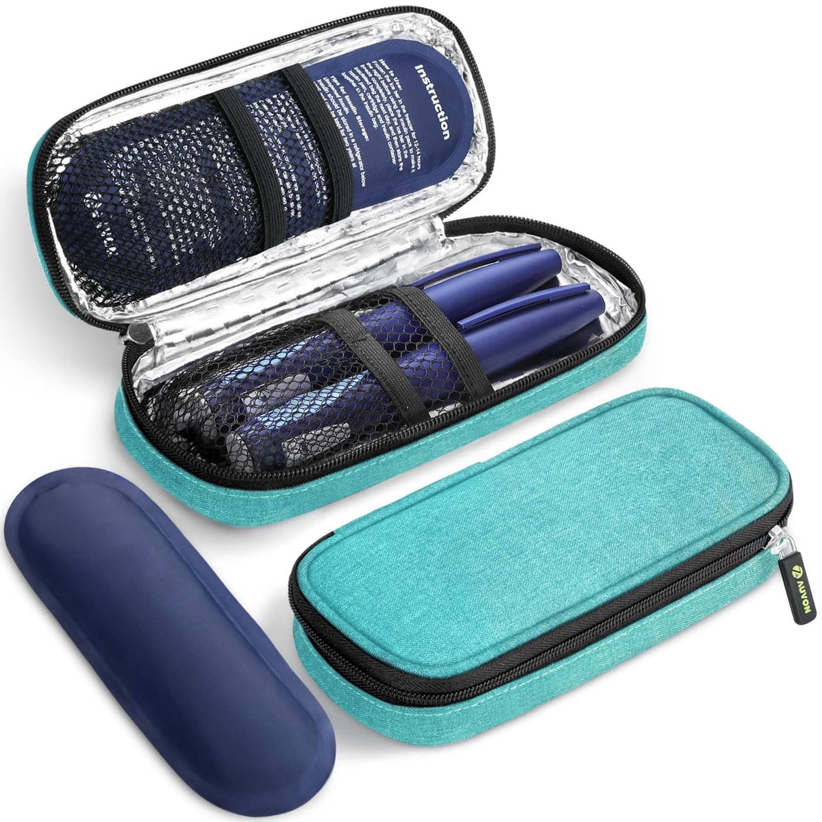 AUVON teal insulin cooler travel case with zip-open compartments and blue cooling inserts