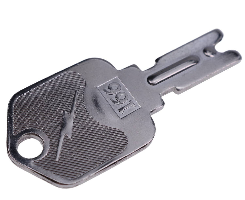 Silver forklift key head with ridged bow and key blade, close-up