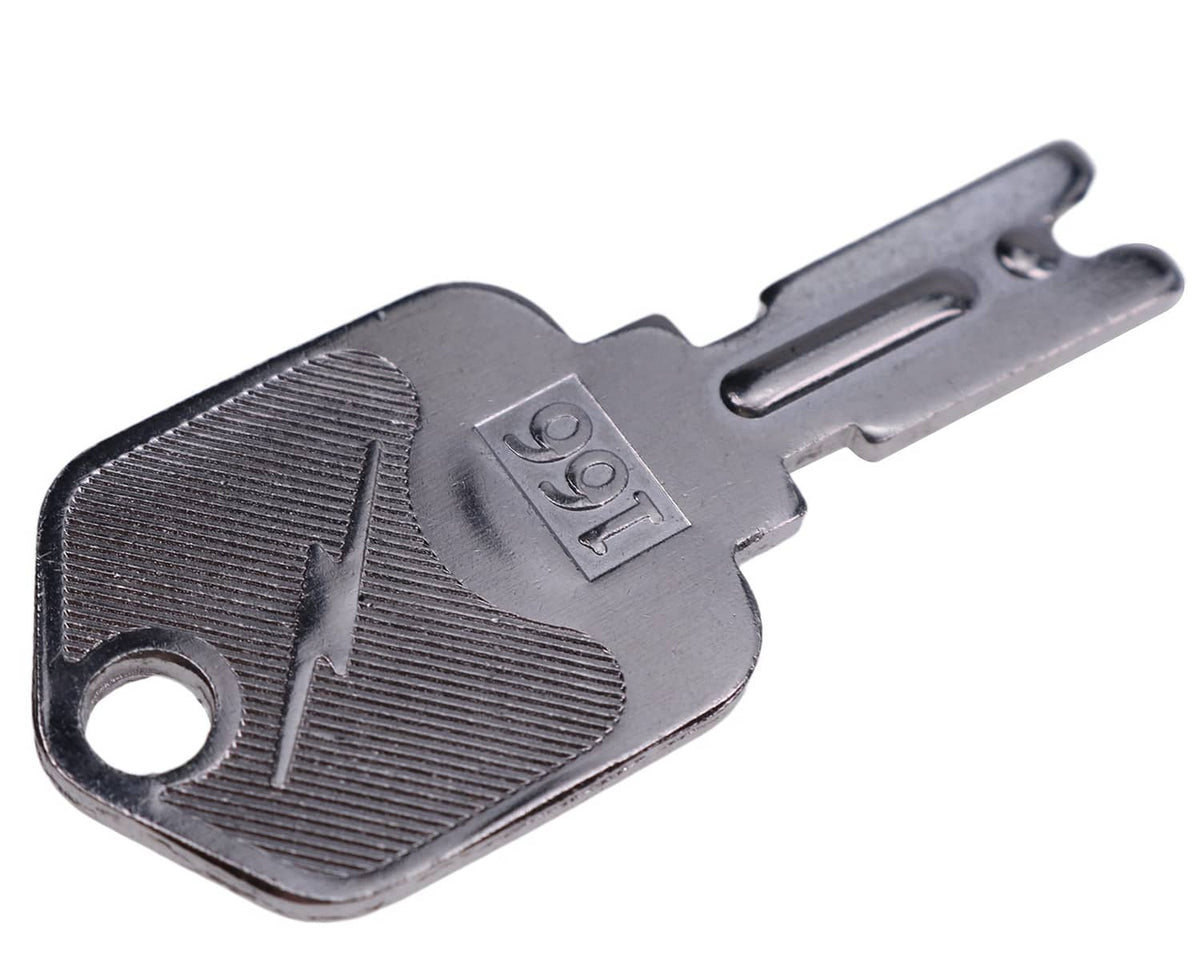 Silver forklift key head with ridged bow and key blade, close-up