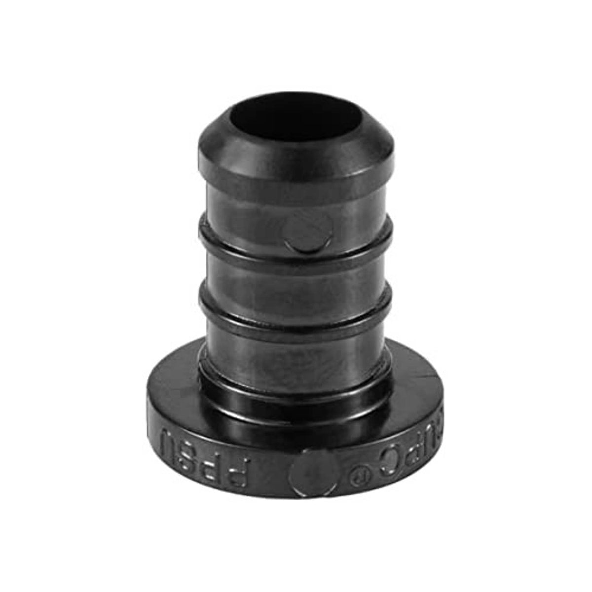 Dark PEX crimp plug/barb end cap fitting with ridged outer ring detail.