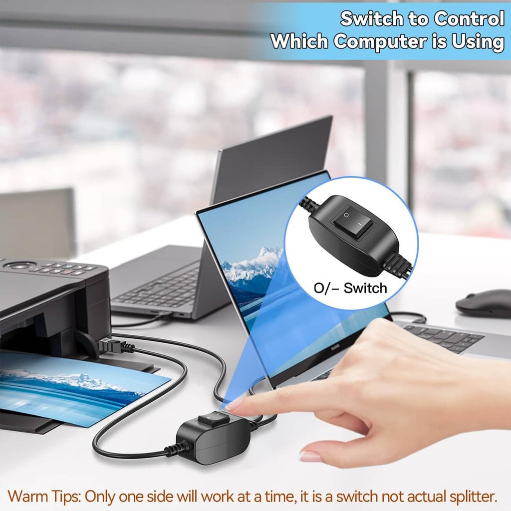 USB switch control on the splitter cable for selecting which computer uses the device