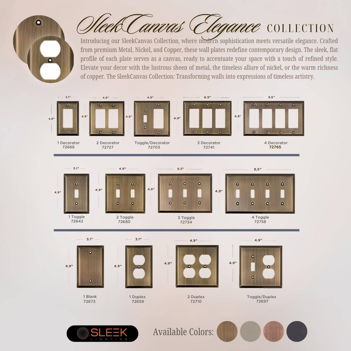 Sleek decorative wall plate set shown with size diagrams and color swatches