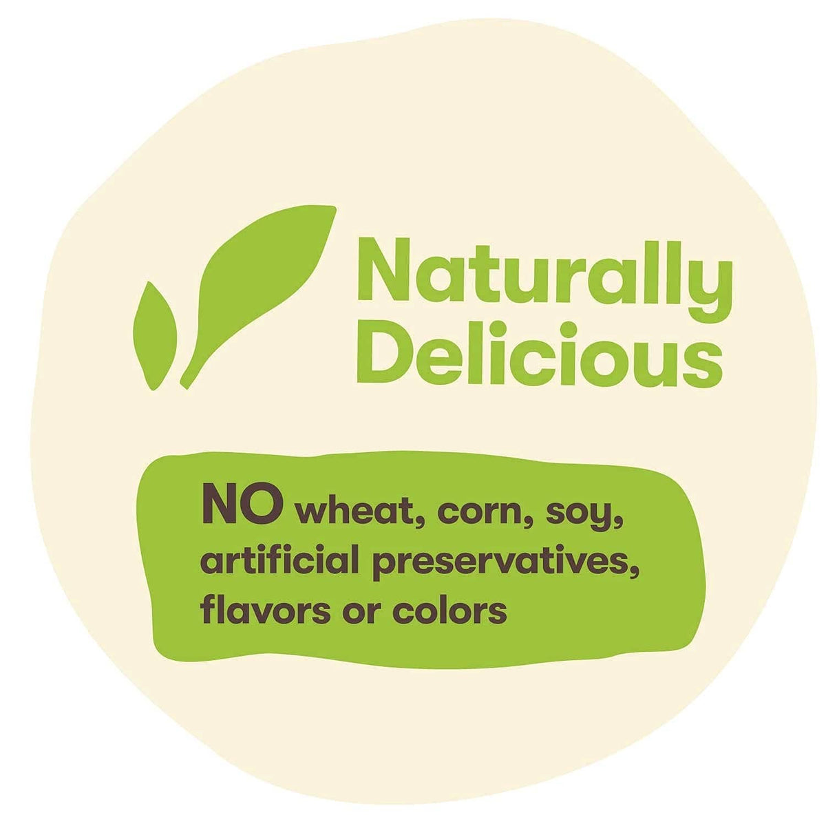 Naturally delicious dog treat label: no wheat, corn, soy, artificial flavors or colors.