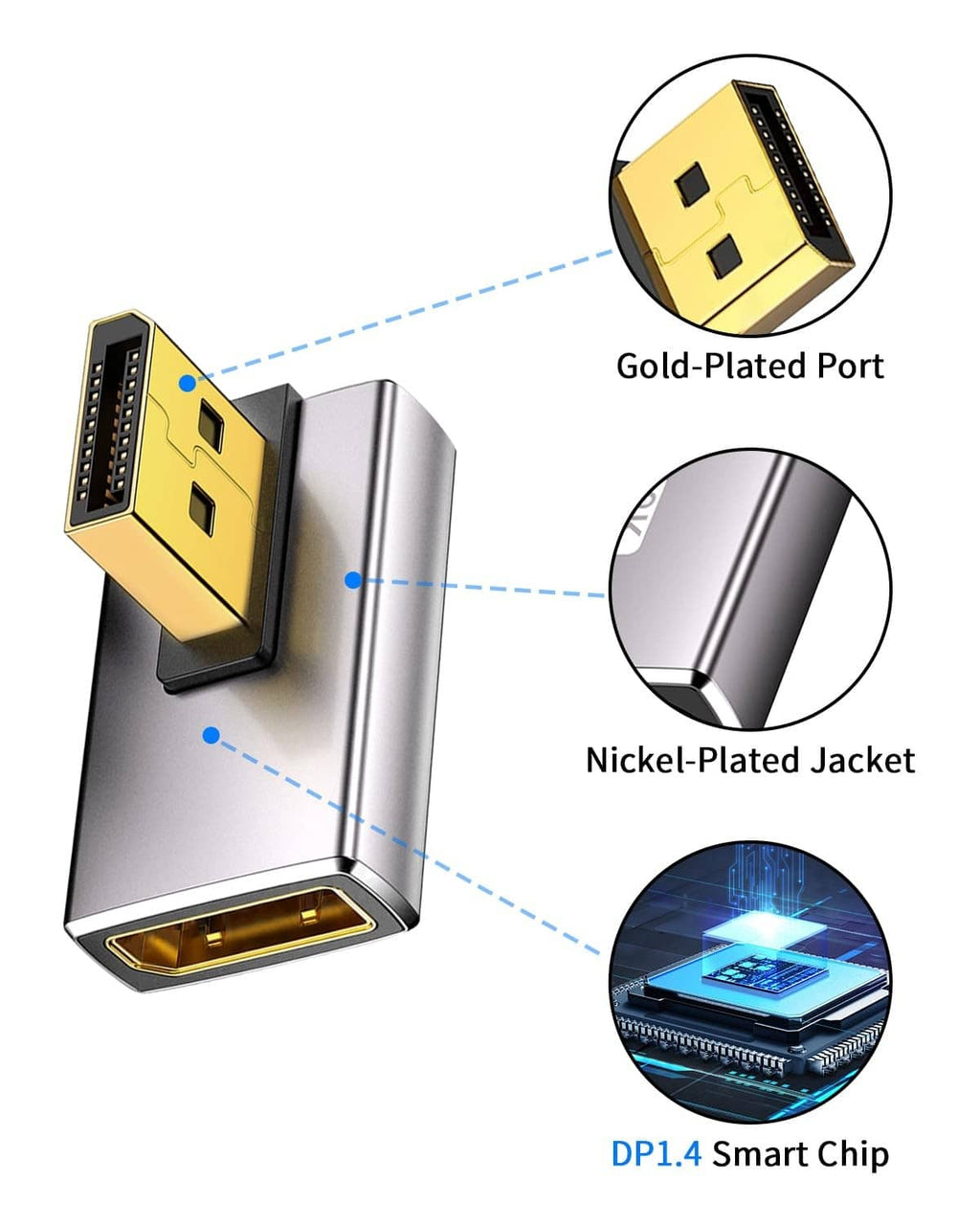 DisplayPort adapter extender close-up: gold-plated port, nickel-plated metal jacket