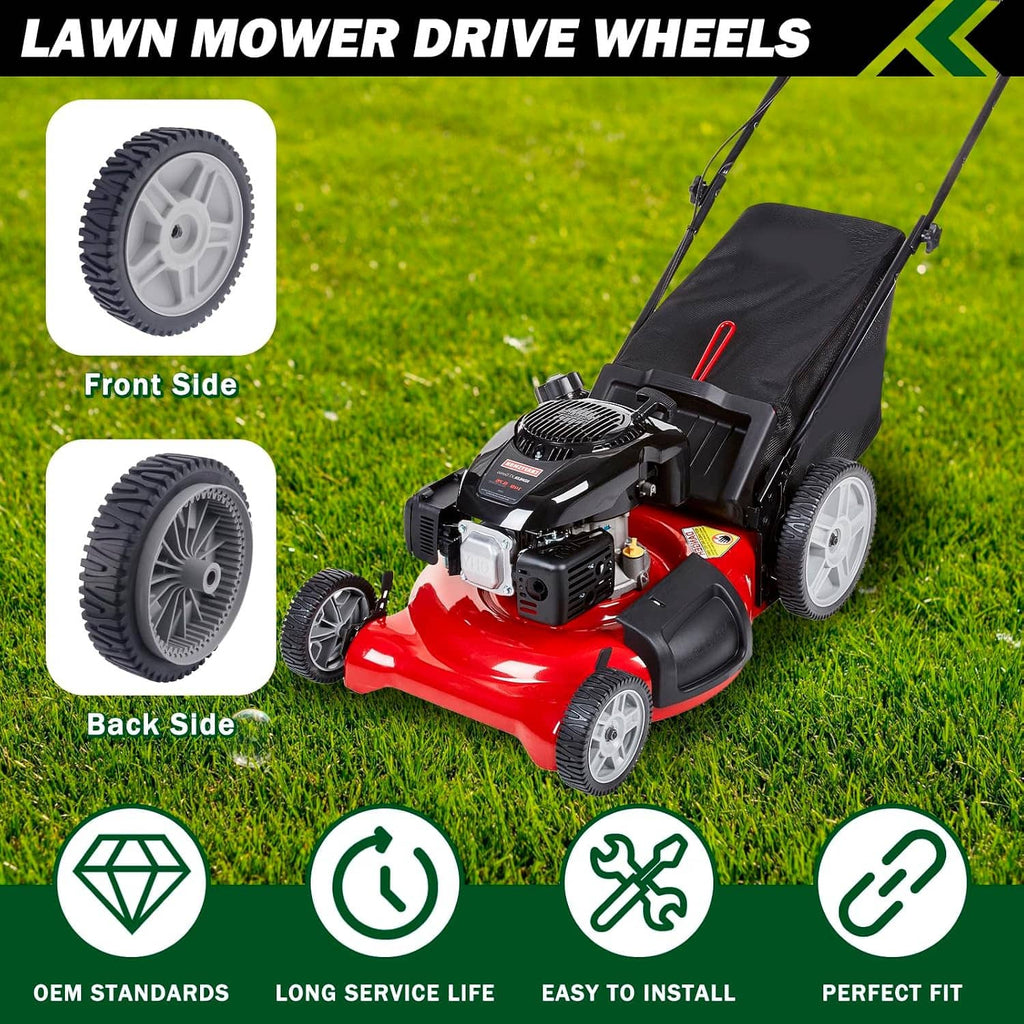 Push mower drive wheels set with gray hubs shown front and rear sides