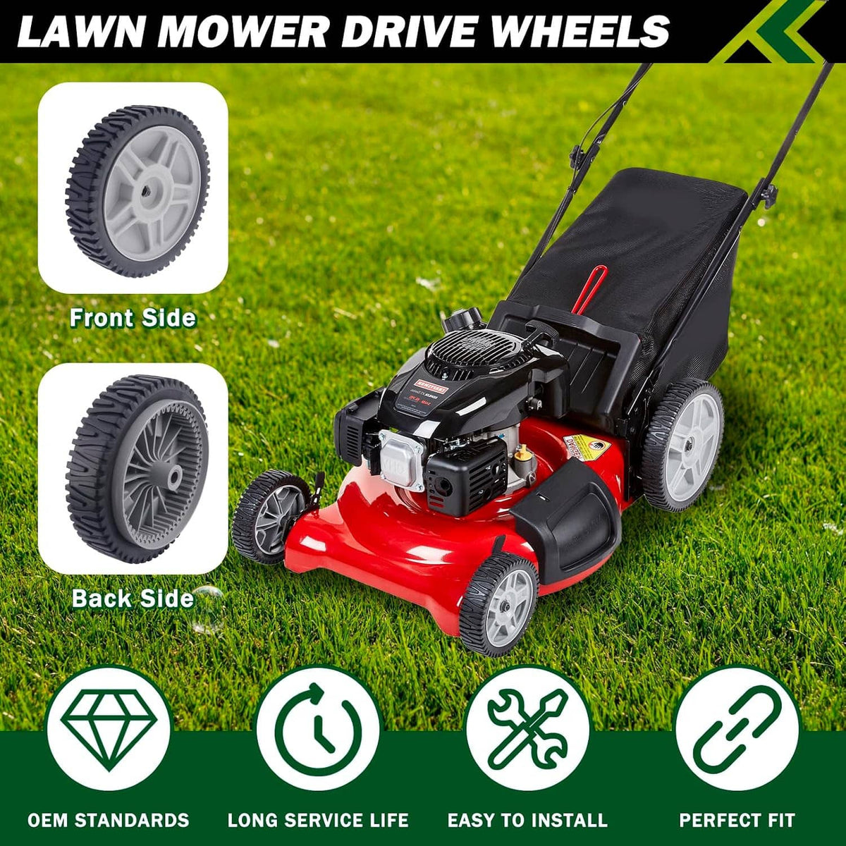 Push mower drive wheels set with gray hubs shown front and rear sides