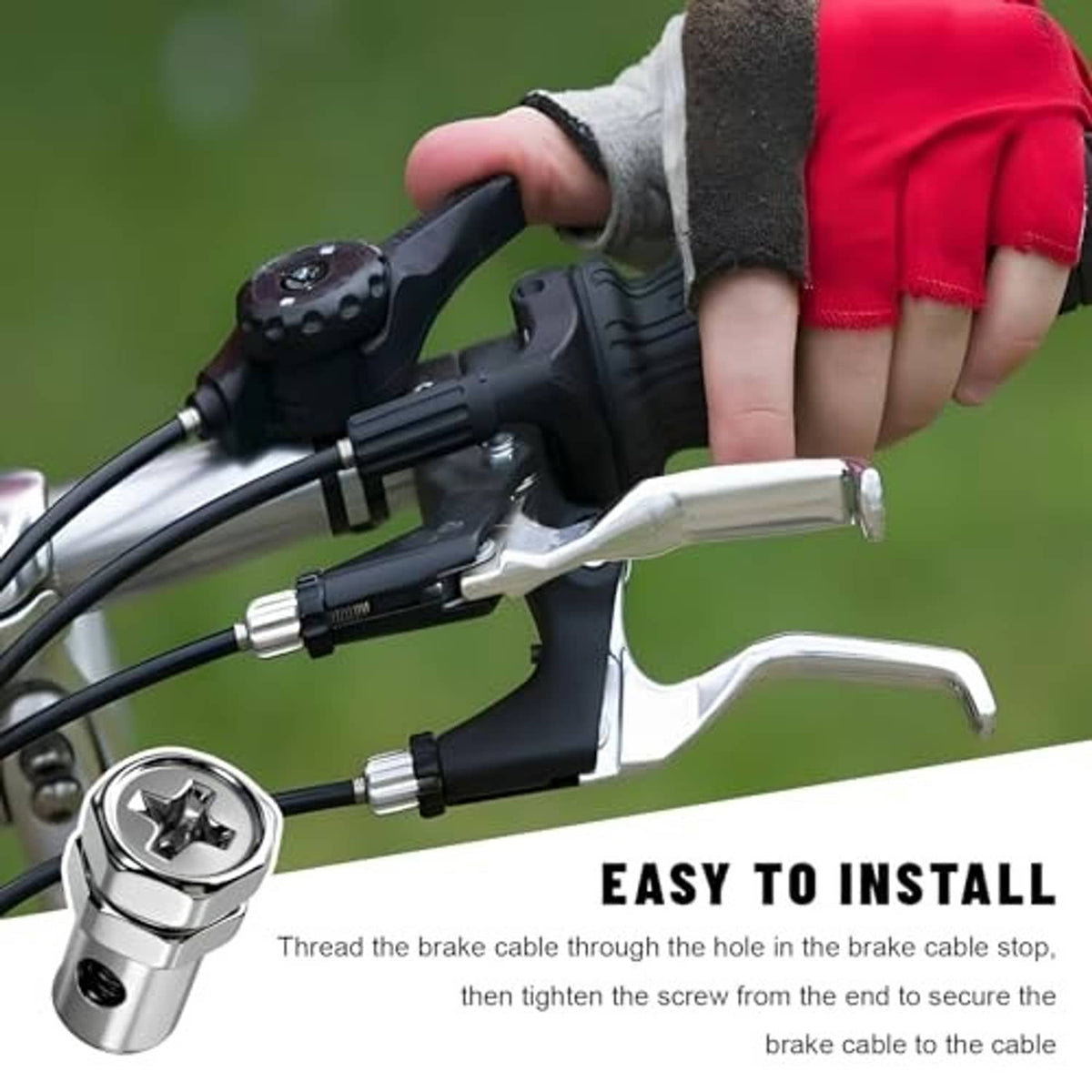 Stainless steel brake cable stop clamp installed on handlebar lever, silver