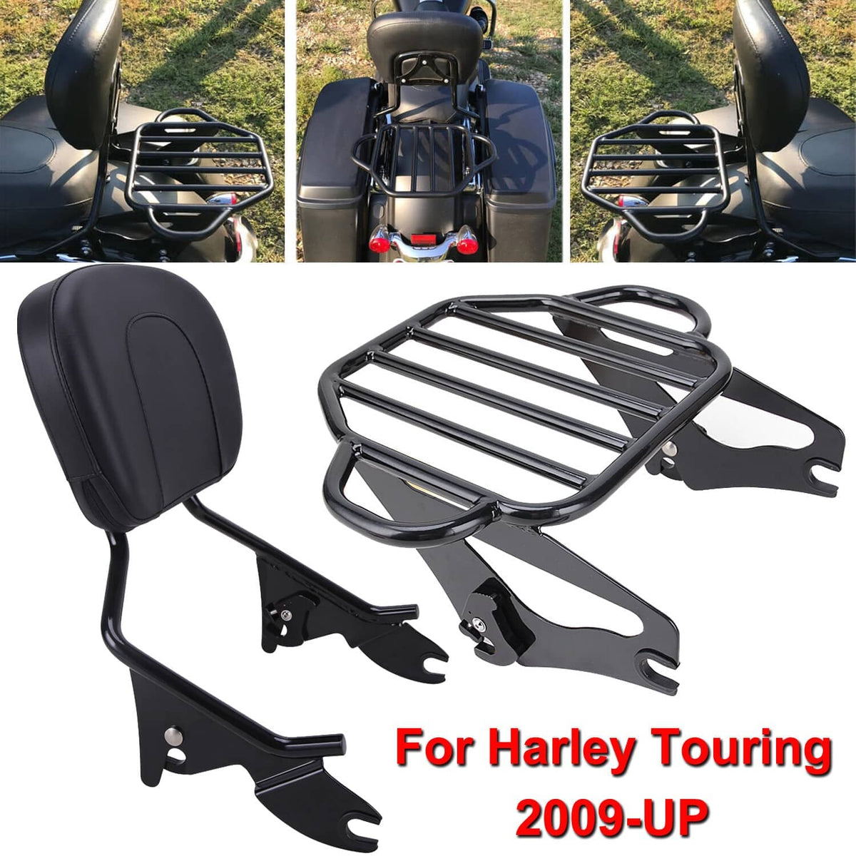Motorcycle backrest pad with integrated black luggage rack shown from multiple angles