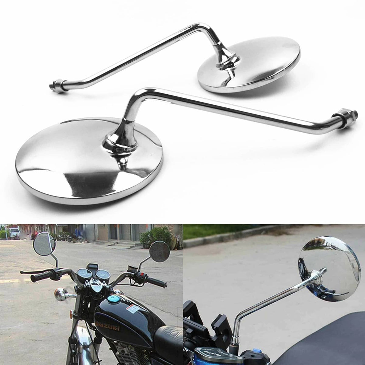 Chrome round motorcycle rearview mirrors with black trim, two mirrors on chrome arms