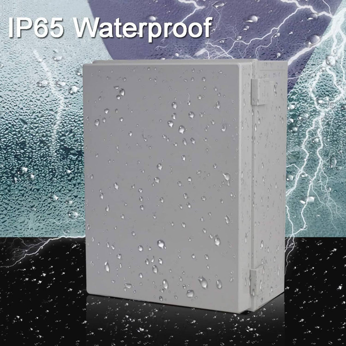 Waterproof grey electrical box with closed door, showing water droplets on surface