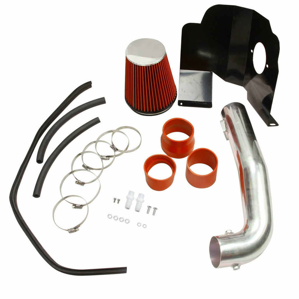 Cold air intake system parts: red cone filter, black shield brackets, orange couplers, hoses