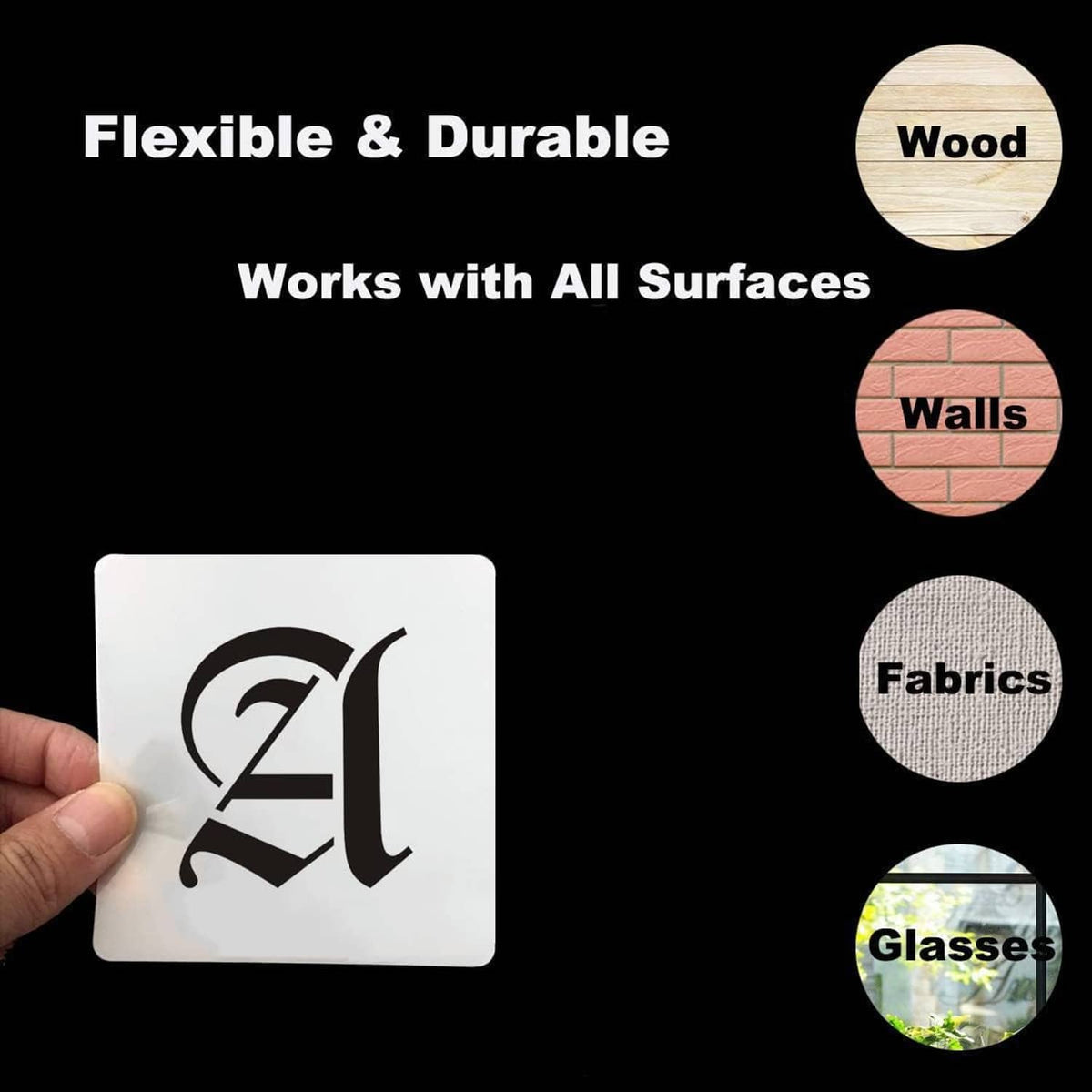 Handheld old English letter stencil card with large “A” on white backing