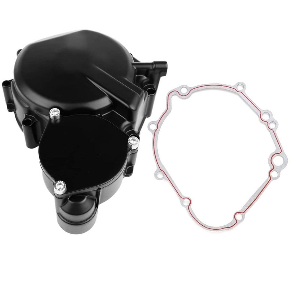 Black left engine crankcase cover pair with gasket and mounting bolts